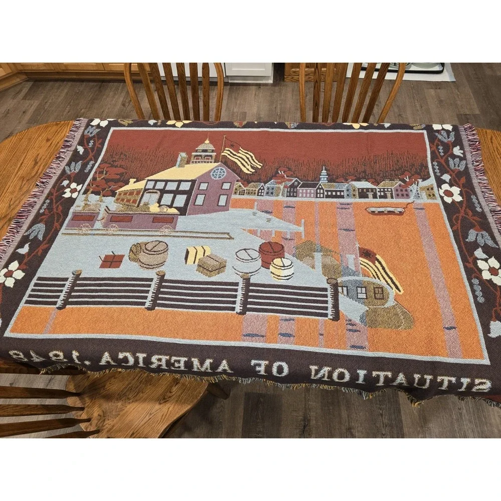 Vintage‎ Situation Of America Throw Blanket Woven American Folk Art Tapestry